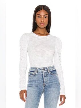 We The Free White Natasha Ruched-Sleeve Long Sleeve Top